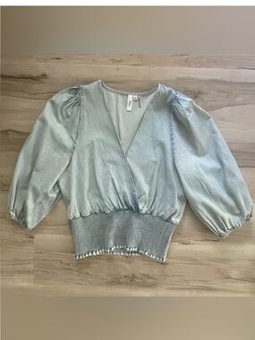 Elan Light Blue Smocked-Waist V-Neck Puff Sleeve Top